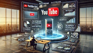 Digital scene showcasing the power of YouTube Ads with various ad placement options such as in-stream, in-feed, bumper, outstream, and masthead ads displayed on a modern dashboard.

