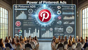 Digital scene illustrating the power of Pinterest Ads, featuring the Pinterest Ads logo and ads appearing on the Pinterest platform with a modern dashboard showing audience demographics and engagement metrics.