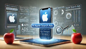 Digital scene showcasing the power of Apple Search Ads for app developers, featuring the Apple Search Ads logo and ads appearing within the App Store search results, with a modern dashboard displaying ad performance and revenue metrics.