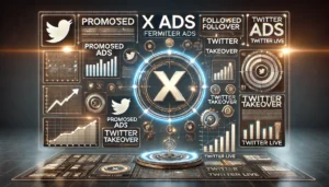 Digital scene illustrating the power of X Ads (formerly Twitter Ads) for business owners, featuring the X Ads logo and various ad types such as Promoted Ads, Follower Ads, Twitter Amplify, Twitter Takeover, and Twitter Live with a modern dashboard displaying ad performance and reach.