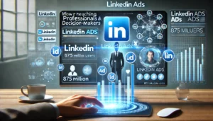 Digital scene illustrating the power of LinkedIn Ads for reaching professionals and decision-makers, featuring the LinkedIn Ads logo and a modern dashboard with charts and graphs representing user engagement and ad performance.

