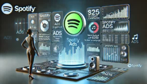 Digital scene illustrating the power of Spotify Ads, featuring the Spotify Ads logo and ads appearing on the Spotify platform, including both music and podcast environments, with a modern dashboard displaying user engagement and ad performance.