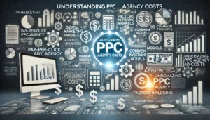 Understanding PPC Agency Costs illustration featuring digital marketing symbols, computer screens, graphs, charts, and dollar signs. Key points such as factors influencing PPC costs, common pricing models, and maximizing investment value are highlighted. The text Understanding PPC Agency Costs is prominently displayed.