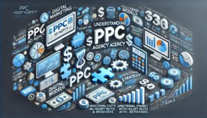 Understanding PPC Agency Costs illustration featuring digital marketing symbols, computer screens, graphs, charts, puzzle pieces, and dollar signs. Key points such as pricing models, additional costs like hourly rates and retainers, and the importance of aligning strategy with budget and marketing goals are highlighted. The text Understanding PPC Agency Costs is prominently displayed.