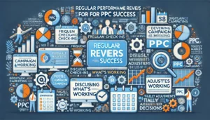 Regular Performance Reviews for PPC Success illustration featuring digital marketing symbols, computer screens, graphs, charts, and calendar icons. Key points such as frequent check-ins, reviewing campaign metrics, discussing what's working, timely adjustments, and data-driven decisions are highlighted. The text Regular Performance Reviews for PPC Success is prominently displayed.