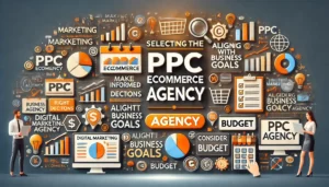 Selecting the Right PPC eCommerce Agency illustration featuring digital marketing symbols, computer screens, graphs, charts, and checklist icons. Key points such as making informed decisions, aligning with business goals, and considering budget are highlighted