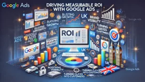 Driving Measurable ROI with Google Ads illustration featuring digital marketing symbols, computer screens, graphs, charts, and UK icons. Key points such as boosting growth, brand visibility, turning clicks into customers, and maximizing ROI are highlighted.