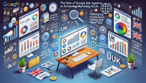 The Role of Google Ads Agencies in Achieving Marketing Goals illustration featuring digital marketing symbols, computer screens, graphs, charts, and UK icons. Key points such as ad creation and management, optimizing ads for better performance, higher ROI, and tailored strategies for UK brands are highlighted.