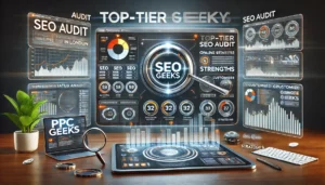 Digital scene illustrating PPC Geeks as a top-tier SEO agency in London, featuring the PPC Geeks logo and elements of an SEO audit, including charts and graphs representing online status analysis, strengths, and areas for improvement.