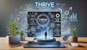 Digital scene illustrating Thrive Internet Marketing Agency as a top SEO service in London, featuring the Thrive logo and elements of custom SEO strategies, including growth-oriented campaigns, organic marketing, conversion rate optimisation, content creation, ADA compliance, and link building.