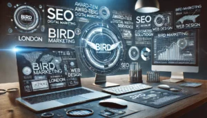 Digital scene illustrating Bird Marketing as a top-tier SEO agency based in London, featuring the Bird Marketing logo, award-winning digital marketing services, and a modern dashboard displaying SEO and web design expertise.