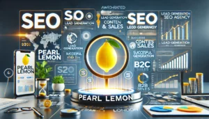 Digital scene illustrating Pearl Lemon as a top-rated SEO agency based in London, featuring the Pearl Lemon logo and elements of award-winning services including SEO, lead generation, content, and sales with a modern dashboard displaying client engagement and successful B2B and B2C deals.