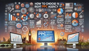 How to Choose the Right PPC Agency illustration featuring digital marketing symbols, computer screens, graphs, charts, and a London cityscape. Key points such as reaching more people online, hitting advertising goals, and using expert skills to boost success are highlighted.