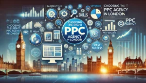 Choosing the Right PPC Agency in London illustration featuring digital marketing symbols, computer screens, graphs, charts, and a London cityscape. Key points such as agency's skills, services offered, and past success are highlighted.