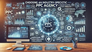 Choosing an Industry-Specific PPC Agency illustration featuring digital marketing symbols, computer screens, graphs, charts, and industry-specific icons. Key points such as proven track record, understanding unique challenges, and managing similar campaigns successfully are highlighted.