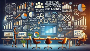 Effective Communication with Your PPC Agency illustration featuring digital marketing symbols, computer screens, graphs, charts, and communication icons. Key points such as regular updates, reporting, Google ads audits, and PPC audits are highlighted.