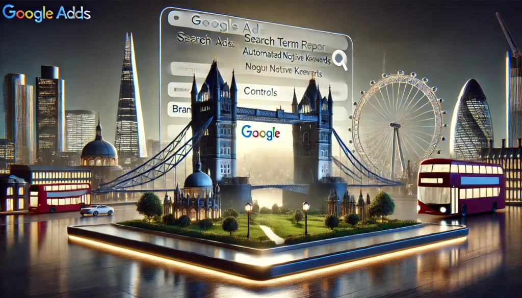 Digital marketing interface displaying Google Ads updates with London landmarks in the background, including the Tower Bridge and the London Eye.