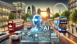 Digital marketing interface displaying AI-driven Google Ads updates with London landmarks in the background, including the Tower Bridge and the London Eye.