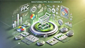 Illustration of mastering PPC in ecommerce with elements related to PPC advertising