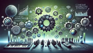 Illustration of a cohesive marketing strategy with interconnected gears, a symphony orchestra, and marketing icons