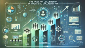 Illustration of the role of leadership in fostering collaboration with icons of leaders, cross-departmental teams, and technological tools