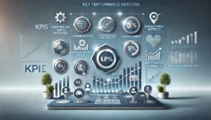 Illustration of key performance indicators with icons for conversion rates, engagement metrics, and customer feedback