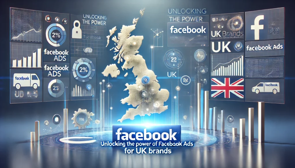 Illustration of unlocking the power of Facebook Ads for UK brands with a map of the UK and Facebook ad performance metrics