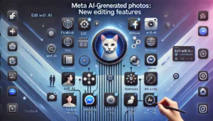 Illustration of Meta AI-generated photos with new editing features, including an 'Edit With AI' button, and platforms like Facebook, Messenger, WhatsApp, and Instagram

