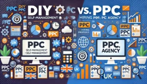 DIY PPC vs. PPC Agency illustration featuring digital marketing symbols, computer screens, graphs, charts, and UK icons. One side depicts DIY PPC with icons representing self-management, while the other side depicts PPC Agency with icons representing professional management.