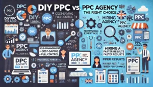 DIY PPC vs. PPC Agency: Making the Right Choice illustration featuring digital marketing symbols, computer screens, graphs, charts, and UK icons. One side depicts DIY PPC with icons representing self-management, cost-saving, and full control, while the other side depicts PPC Agency with icons representing professional expertise, faster results, and better performance.