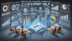 Revitalize Your PPC Campaigns with Expert Help illustration featuring digital marketing symbols, computer screens, graphs, charts, and icons representing expert help and revitalization. Key points such as stagnant or declining performance, identifying areas of improvement, and implementing new strategies are highlighted.