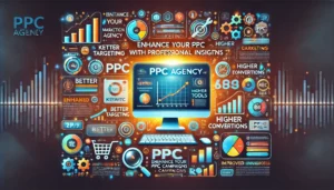 Enhance Your PPC Campaigns with Professional Insights illustration featuring digital marketing symbols, computer screens, graphs, charts, and icons representing keyword trends, advanced tools, and strategic planning