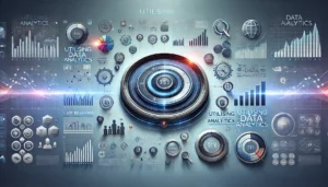 Illustration of utilising data analytics with icons and charts for user behaviour, campaign performance, and metrics tracking