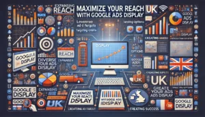 Maximize Your Reach with Google Ads Display illustration featuring digital marketing symbols, computer screens, graphs, charts, and UK icons. Key points such as expanding reach, leveraging diverse ad formats, targeting options, creating engaging campaigns, and measuring success through key metrics are highlighted.