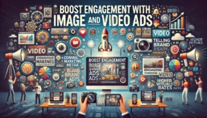 Boost Engagement with Image and Video Ads illustration featuring digital marketing symbols, computer screens, cameras, video icons, and high-quality visuals. Key points such as conveying brand message, telling a story, engaging users, and driving higher engagement rates are highlighted.