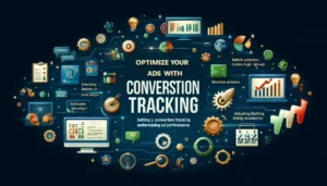 Optimize Your Ads with Conversion Tracking illustration featuring digital marketing symbols, computer screens, graphs, charts, and conversion tracking icons. Key points such as driving actions like sales or sign-ups, setting up Google Conversion Tracking, monitoring actions, adjusting bidding strategies, and allocating budget effectively are highlighted.