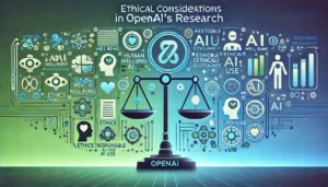 Illustration of ethical considerations in OpenAI's research with icons for human well-being, ethical guidelines, and responsible AI use