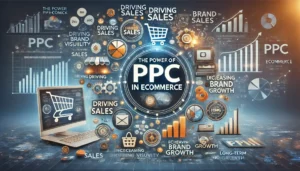 The Power of PPC in eCommerce illustration featuring digital marketing symbols, computer screens, graphs, charts, shopping carts, and eCommerce icons. Key points such as driving sales, increasing brand visibility, and achieving long-term growth are highlighted.