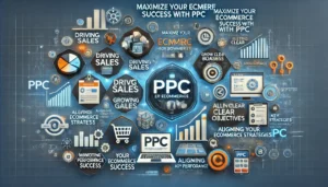 Maximize Your eCommerce Success with PPC illustration featuring digital marketing symbols, computer screens, graphs, charts, shopping carts, and eCommerce icons. Key points such as driving sales, growing the business, setting clear goals, aligning PPC strategies with business objectives, and monitoring key performance indicators are highlighted.