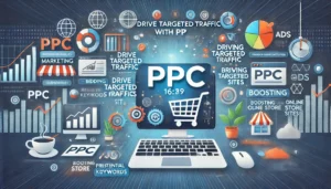 Drive Targeted Traffic with PPC illustration featuring digital marketing symbols, computer screens, graphs, charts, shopping carts, and search engine icons. Key points such as bidding on relevant keywords, attracting potential customers, and boosting online store visibility are highlighted.