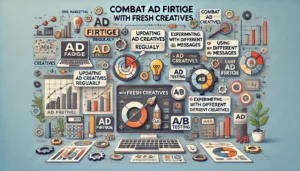 Combat Ad Fatigue with Fresh Creatives illustration featuring digital marketing symbols, computer screens, graphs, charts, and ad creative icons. Key points such as updating ad creatives regularly, rotating ads, experimenting with different formats and messages, and using A/B testing are highlighted.