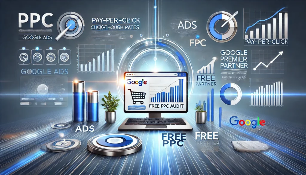 Illustration of pay-per-click (PPC) advertising with icons for Google Ads, click-through rates, and performance metrics