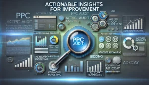 Unlocking PPC Success: Illustration of actionable insights for improvement with icons for keyword targeting, ad copy refinement, and bidding strategies