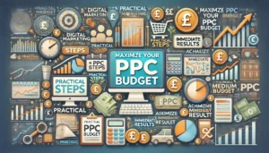 Maximize Your PPC Budget illustration featuring digital marketing symbols, computer screens, graphs, charts, and currency symbols (pounds). Key points such as practical steps, maximizing budget, and achieving immediate results are highlighted.