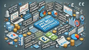 Maximize Your PPC Budget Effectively illustration featuring digital marketing symbols, computer screens, graphs, charts, and currency symbols (pounds). Key points such as smart planning, ongoing tweaks, choosing the right keywords, effective bidding strategies, scheduling ads wisely, targeting the right locations, optimizing landing pages, and using conversion tracking and analytics are highlighted.