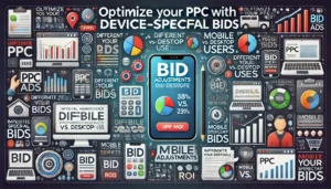 Optimize Your PPC with Device-Specific Bids illustration featuring digital marketing symbols, computer screens, smartphones, graphs, charts, and conversion icons. Key points such as different device performance, mobile vs. desktop users, and implementing bid adjustments are highlighted.