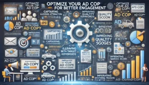 Optimize Your Ad Copy for Better Engagement illustration featuring digital marketing symbols, computer screens, graphs, charts, and ad copy icons. Key points such as capturing audience attention, driving engagement, aligning with target keywords, improving Quality Score, and integrating emotional triggers and clear calls-to-action (CTAs) are highlighted.