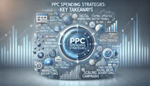 Illustration of PPC spending strategies with icons for digital marketing integration, staying updated with trends, platform benefits, paid social media advertising, and scaling campaigns