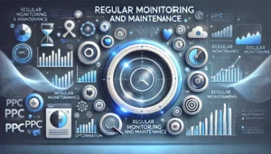 Illustration of regular monitoring and maintenance with icons for monitoring, optimisation, and key components in PPC campaigns