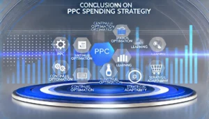 Illustration of PPC spending strategies with icons for platforms, optimisation, planning, learning, and adaptability